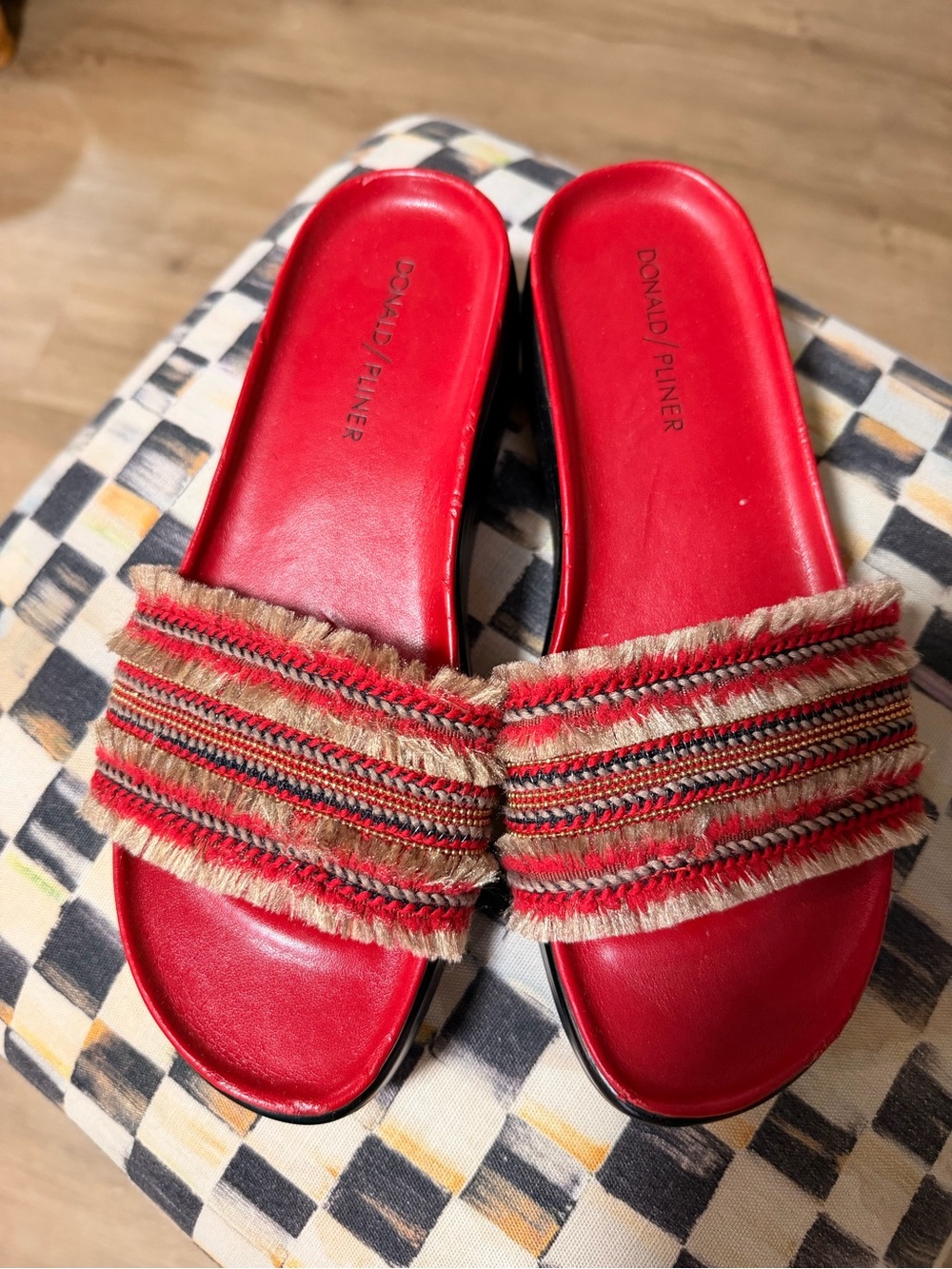 Donald J. Pliner Red Slide Sandals with Fringed Multicolor Straps